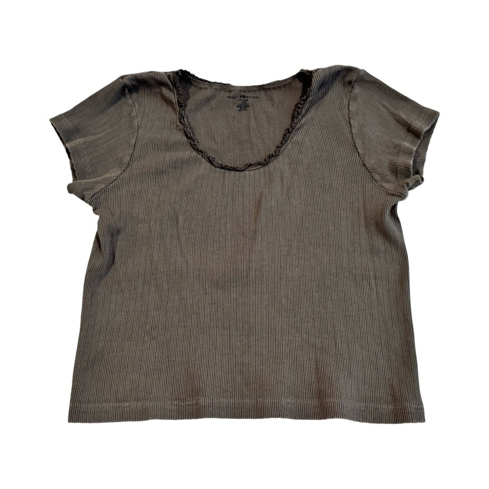 Brandy Melville Charcoal Grey Ribbed Lace Trim Scoop Neck Short Sleeve Baby Tee